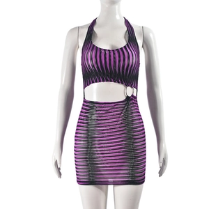 Detail of knit striped halter dress featuring side cutout and metal ring ornament