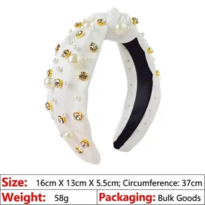 Detail showing white beaded fabric headband with pearls and rhinestones size 16x13x5.5cm