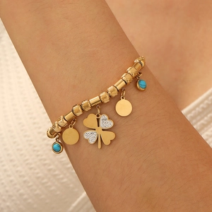 Gold Plated Stainless Steel Bracelet With Four Leaf Clover Heart Charms Rhinestone And Blue Turquoise Beads For Women