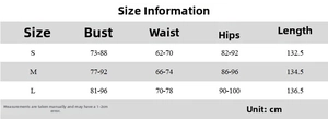Detailed size chart with bust, waist, hips and length for printed U-neck maxi dress