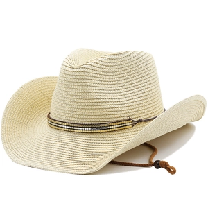 Western Cowboy Straw Hat With Beaded Band Adjustable Chin Strap Wide Brim Sun Protection For Men Women Outdoor Beach