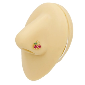 Sweet cherry nose stud with red and green crystals on gold-plated metal rod