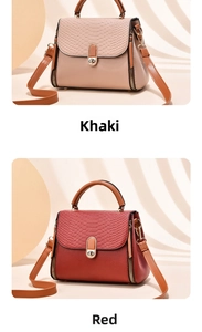 Detail view of khaki and red leather handbags featuring snake pattern flap and metal twist lock