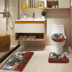 Three-piece Christmas bathroom set with non-slip rugs featuring Santa dog and red car