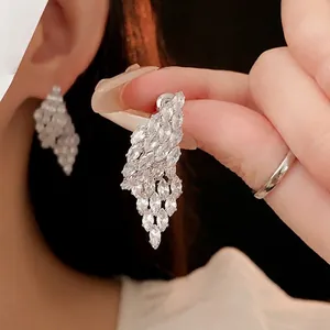Elegant Wing Branch Zircon Drop Earrings With 925 Sterling Silver Earring Post Marquise Cut Front Back Two Way Wear