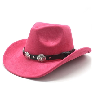Detail of pink faux suede cowboy hat showing silver buckles on black leather band