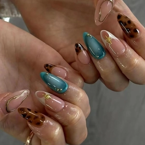 Retro Leopard Print Press On Nails ABS Plastic Blue Cat Eye Design Almond Fake Nail Patches French Style For Women