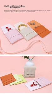 Detail of colorful microfiber envelope jewelry pouches for rings and necklaces