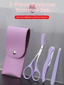 Purple eyebrow grooming set with folding razor, scissor comb, and tweezers in leather pouch