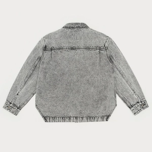 Back view of loose-fit washed grey denim shirt with acid wash finish and twill texture