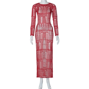 Detail of red hollow-out knitted texture on a backless long-sleeved slim fit maxi dress