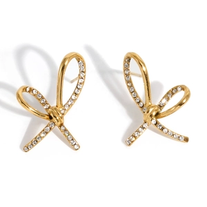 Polished 316L stainless steel gold bow earrings with pavé rhinestones for women