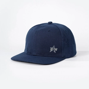 Detailed view of silver star embroidery and glitter text on navy blue flat brim cap