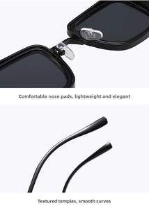 Detail of soft silicone nose pads and polished black temples on metal square sunglasses