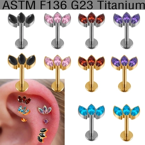 Macro shot of G23 titanium marquise gem fan-shaped ear studs in five different colors
