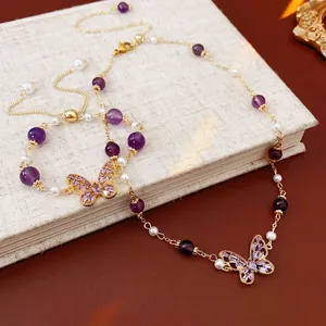 Zircon butterfly amethyst and pearl necklace with matching bracelet jewelry set for women