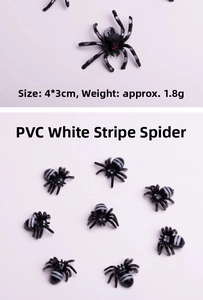 Macro detail of 4x3cm PVC simulation spiders with white stripes for Halloween props