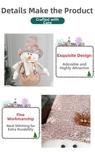 Close-up of rose gold sequin Christmas snowman with knitted scarf and glitter hat detail