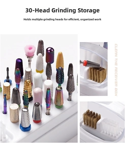 Detail view of 30-hole nail drill bit storage box with various ceramic and metal bits