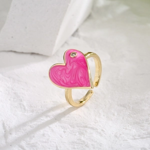 18K gold plated copper open heart ring with peach pink marble enamel and zircon