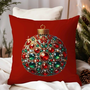 Christmas pillowcase with 3D diamond jewel ornament print on cozy holiday sofa scene