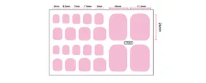 Detailed size chart for 3D gold toe nail stickers with specific widths and 24mm height
