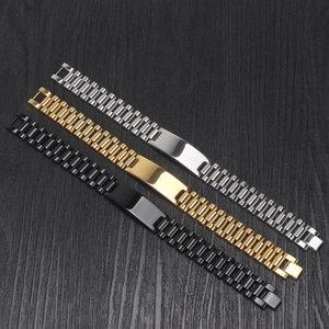 Polished 15mm stainless steel watchband style bracelets in silver, gold and black