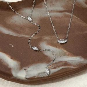 Sparkling Y-shaped silver stainless steel necklace with marquise-cut zircon accents