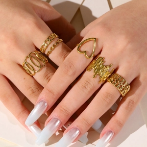 Vintage Stainless Steel 18K Gold Plated Adjustable Rings For Women INS Style Hollow Heart Cuban Chain Melted Texture