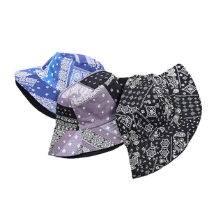 Stylish bandana print paisley bucket hats in blue and black colors for outdoor sun protection