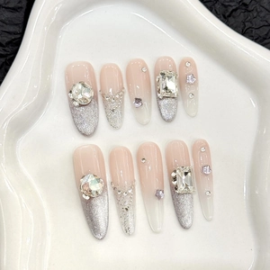 Handmade Cream Rose Press On Nails Milky White Gradient Glitter Stiletto Artificial Nails With Rhinestones For Women Party Jewelry