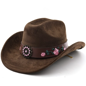 Classic dark brown western cowboy hat with floral embroidery and turquoise-style metal accent