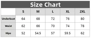 Detailed size chart for women's bikini showing bust, waist, and hip measurements from S to 2XL