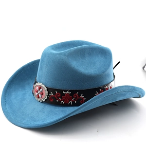 Detail of blue suede cowboy hat featuring embroidered floral band and metal buckle accessory