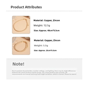 Detailed size chart for gold snake chain necklace and bracelet with zircon inlays