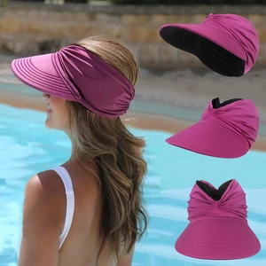 Women's wide brim sun hat for summer outdoor sports in rose red pleated fabric