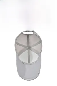 Detail view of the breathable mesh interior and adjustable metal buckle on gray sun hat