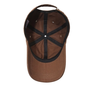 Interior view of brown cotton baseball cap showing 6-panel structure and metal buckle