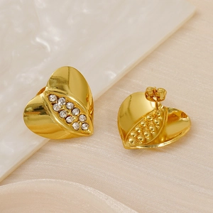18K gold plated heart stud earrings featuring sparkling cubic zirconia rows on silk