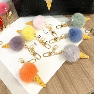 Cute Plush Ice Cream Keychain With Artificial Pearl Decoration Macaron Color Pom Pom Bag Pendant For Women Girls Gift