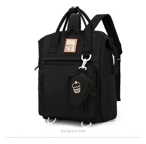 Detail of waterproof nylon backpack with front pocket and a small cake charm bag