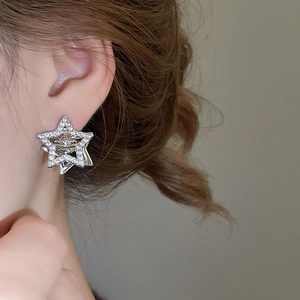Close-up of sparkling zircon Saturn planet drop earrings on model for an elegant look