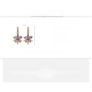 Detail of floral earrings featuring purple and clear rhinestones with 3cm x 1.5cm sizing