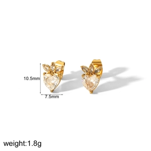 Boucles d'oreilles papillon cœur dorées avec zircone, taille 10,5x7,5mm, poids 1,8g