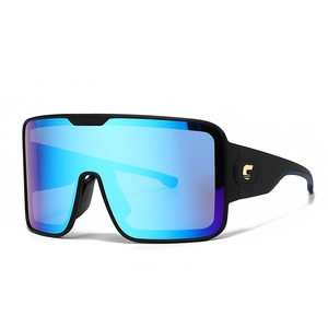 Oversized mask sunglasses with blue mirrored lenses and black frame in a 3/4 side view