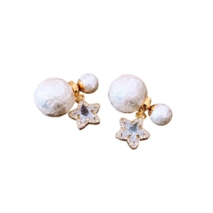 18K gold plated pearl star earrings with rhinestones and vintage texture design