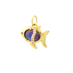 Macro detail of 18K gold-plated fish pendant with gradient blue-purple crystal and zircon