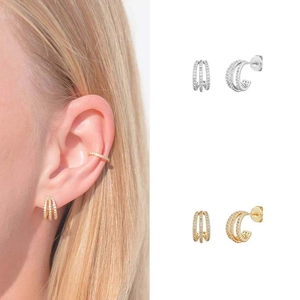 Hoop Earrings Micro Pave Zircon Multi Row C Shaped Copper Gold Plated Elegant Jewelry For Women