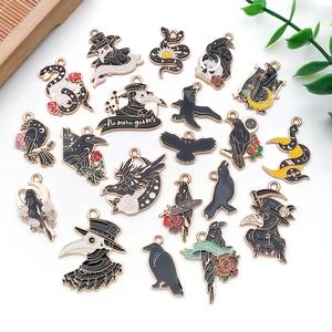 Set of 19 dark gothic enamel charms featuring plague doctor, raven, and roses icons