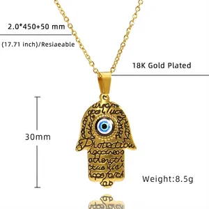 Detailed size specifications for 18K gold plated Hamsa hand and Evil Eye necklace pendant